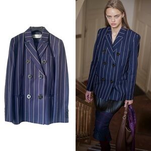 •••SOLD•••Victoria Beckham Navy Pink Stripe Double Breasted Blazer Jacket Size2